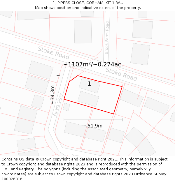 1, PIPERS CLOSE, COBHAM, KT11 3AU: Plot and title map