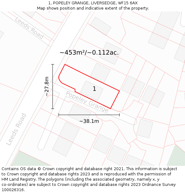 1, POPELEY GRANGE, LIVERSEDGE, WF15 6AX: Plot and title map