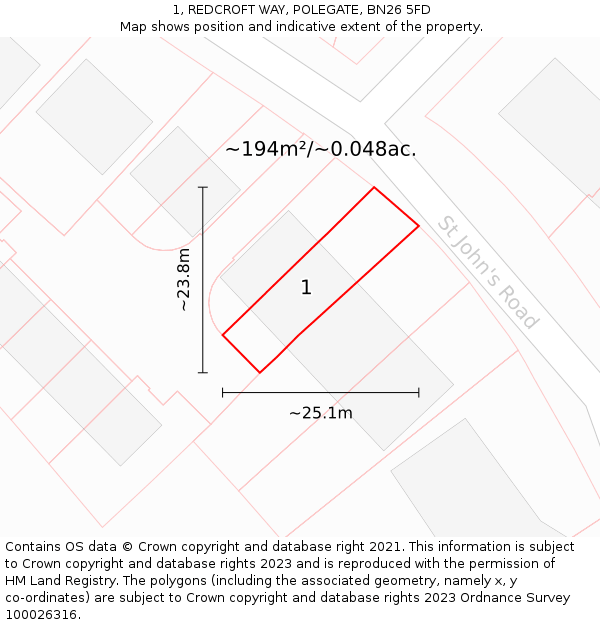 1, REDCROFT WAY, POLEGATE, BN26 5FD: Plot and title map