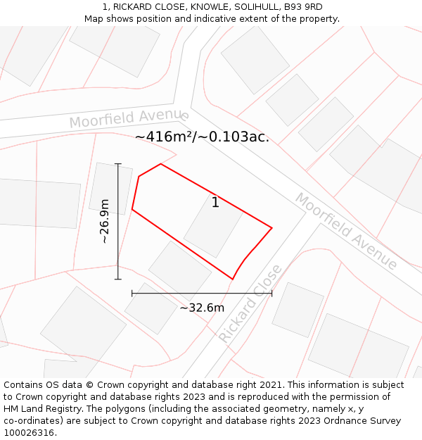 1, RICKARD CLOSE, KNOWLE, SOLIHULL, B93 9RD: Plot and title map