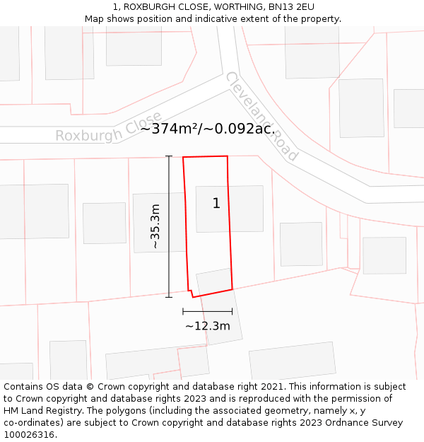 1, ROXBURGH CLOSE, WORTHING, BN13 2EU: Plot and title map