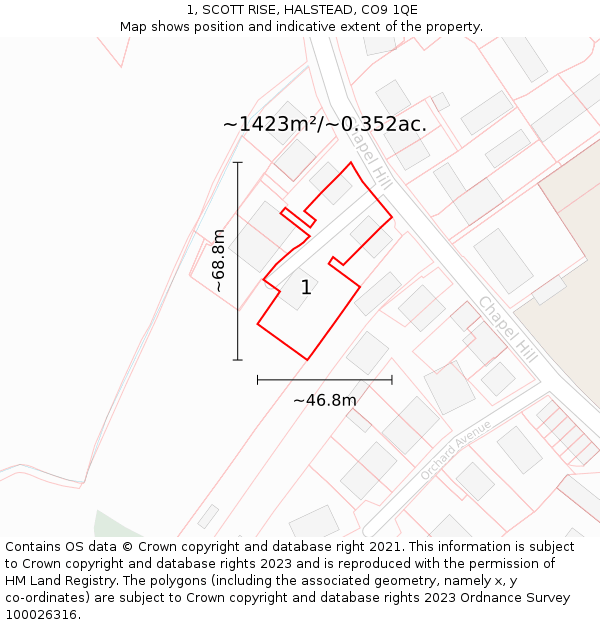 1, SCOTT RISE, HALSTEAD, CO9 1QE: Plot and title map