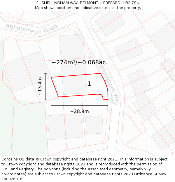 1, SHELLINGHAM WAY, BELMONT, HEREFORD, HR2 7SN: Plot and title map