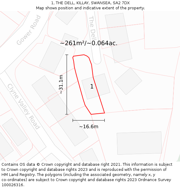 1, THE DELL, KILLAY, SWANSEA, SA2 7DX: Plot and title map