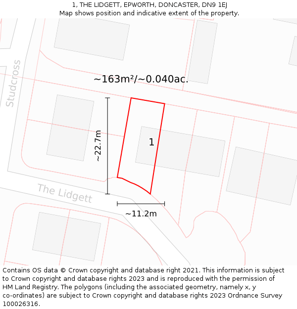 1, THE LIDGETT, EPWORTH, DONCASTER, DN9 1EJ: Plot and title map