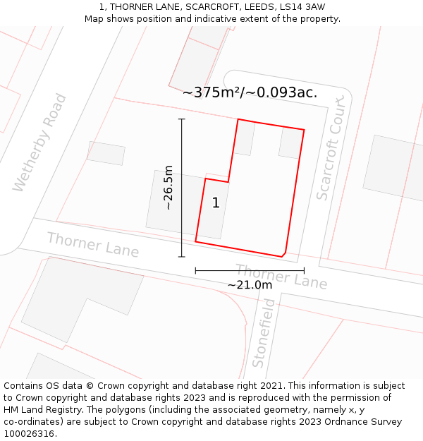 1, THORNER LANE, SCARCROFT, LEEDS, LS14 3AW: Plot and title map