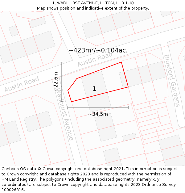 1, WADHURST AVENUE, LUTON, LU3 1UQ: Plot and title map