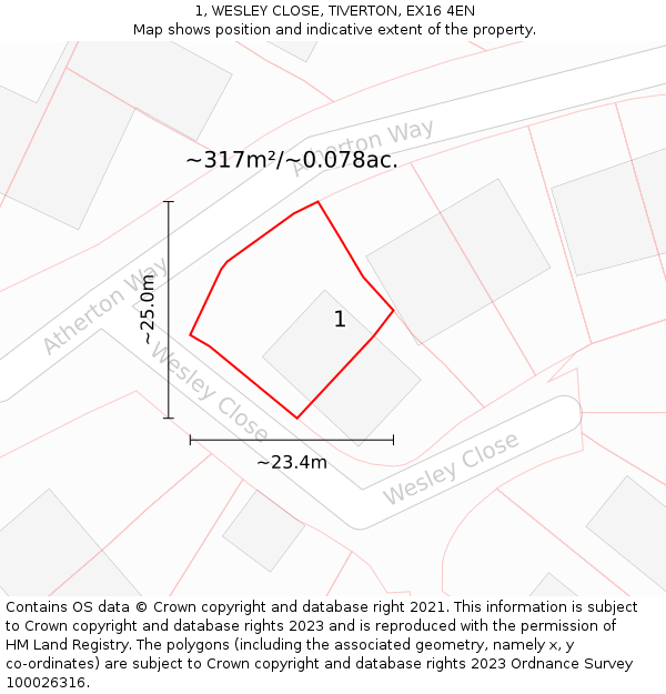 1, WESLEY CLOSE, TIVERTON, EX16 4EN: Plot and title map