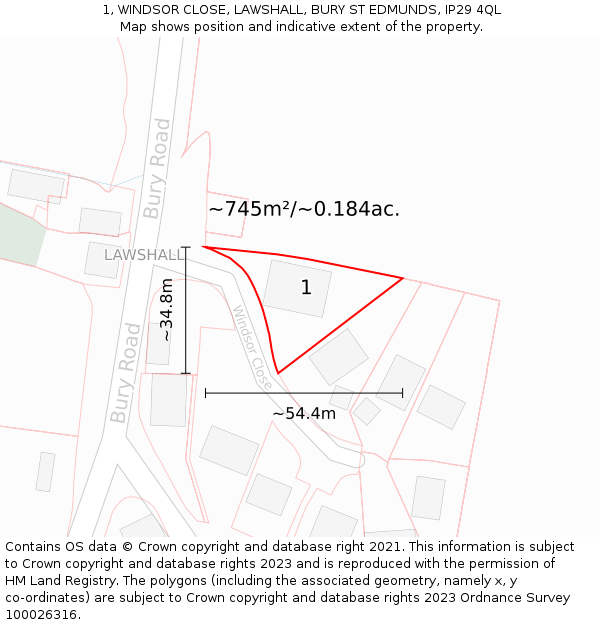 1, WINDSOR CLOSE, LAWSHALL, BURY ST EDMUNDS, IP29 4QL: Plot and title map