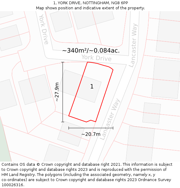 1, YORK DRIVE, NOTTINGHAM, NG8 6PP: Plot and title map