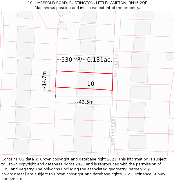 10, HARSFOLD ROAD, RUSTINGTON, LITTLEHAMPTON, BN16 2QE: Plot and title map