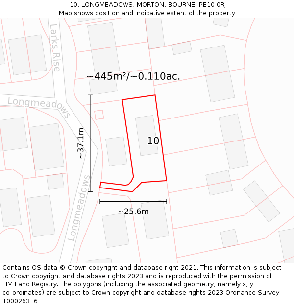 10, LONGMEADOWS, MORTON, BOURNE, PE10 0RJ: Plot and title map