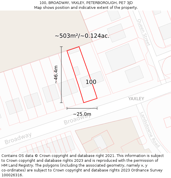 100, BROADWAY, YAXLEY, PETERBOROUGH, PE7 3JD: Plot and title map