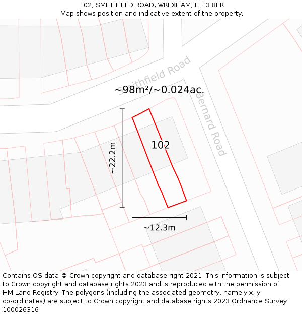 102, SMITHFIELD ROAD, WREXHAM, LL13 8ER: Plot and title map