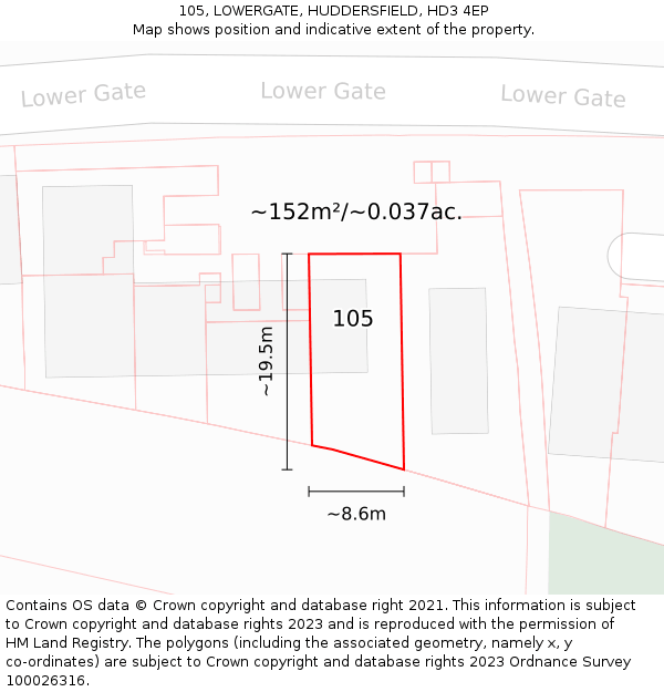 105, LOWERGATE, HUDDERSFIELD, HD3 4EP: Plot and title map