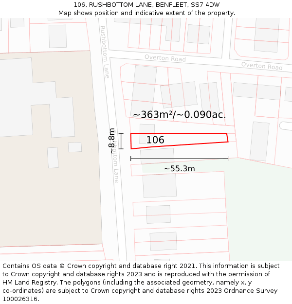 106, RUSHBOTTOM LANE, BENFLEET, SS7 4DW: Plot and title map