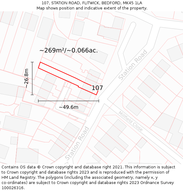 107, STATION ROAD, FLITWICK, BEDFORD, MK45 1LA: Plot and title map