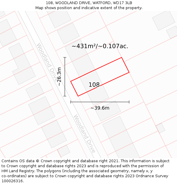 108, WOODLAND DRIVE, WATFORD, WD17 3LB: Plot and title map