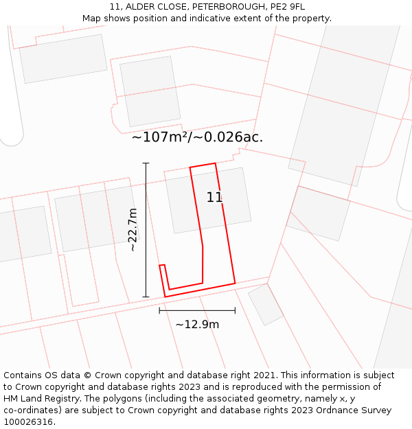 11, ALDER CLOSE, PETERBOROUGH, PE2 9FL: Plot and title map