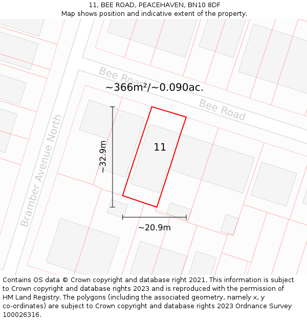 11, BEE ROAD, PEACEHAVEN, BN10 8DF: Plot and title map