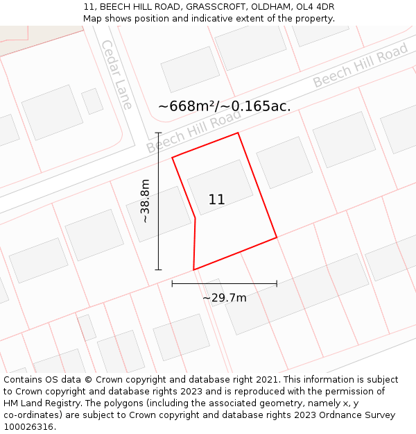11, BEECH HILL ROAD, GRASSCROFT, OLDHAM, OL4 4DR: Plot and title map