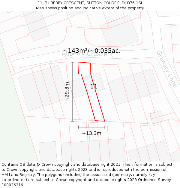 11, BILBERRY CRESCENT, SUTTON COLDFIELD, B76 1SL: Plot and title map