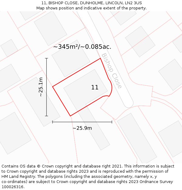 11, BISHOP CLOSE, DUNHOLME, LINCOLN, LN2 3US: Plot and title map