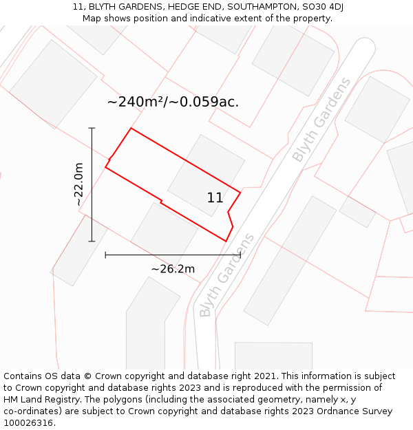 11, BLYTH GARDENS, HEDGE END, SOUTHAMPTON, SO30 4DJ: Plot and title map