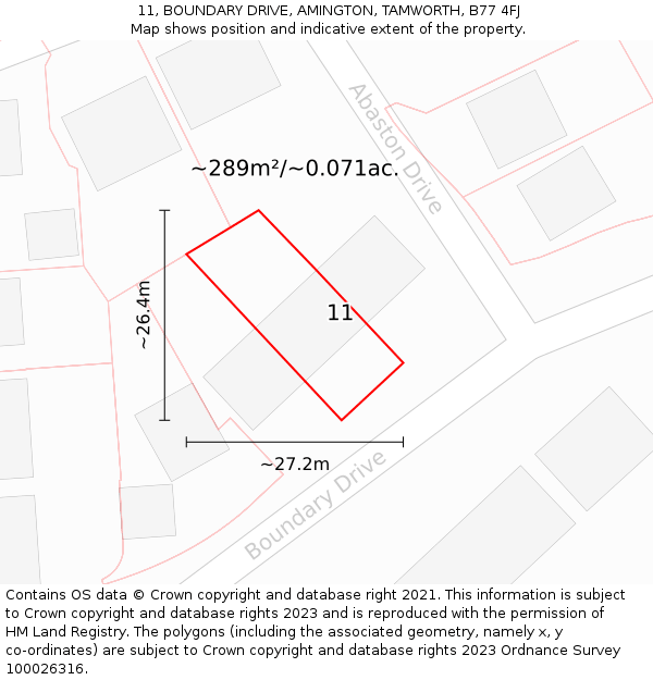 11, BOUNDARY DRIVE, AMINGTON, TAMWORTH, B77 4FJ: Plot and title map