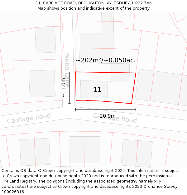 11, CARRIAGE ROAD, BROUGHTON, AYLESBURY, HP22 7AN: Plot and title map