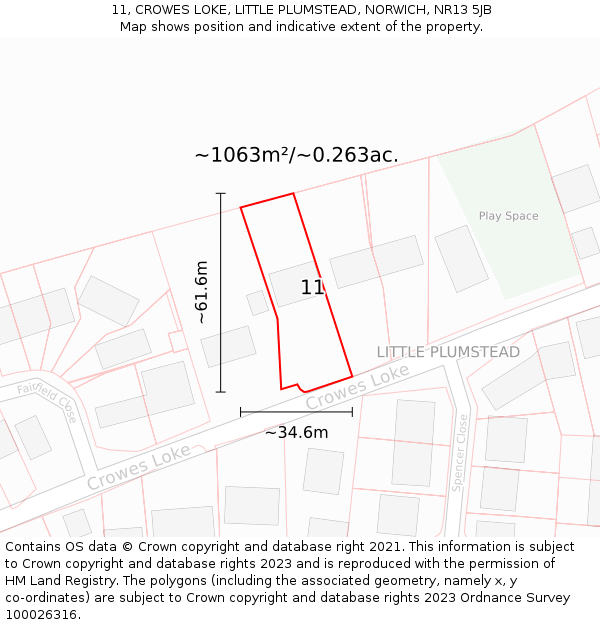 11, CROWES LOKE, LITTLE PLUMSTEAD, NORWICH, NR13 5JB: Plot and title map