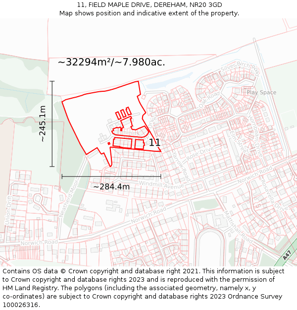 11, FIELD MAPLE DRIVE, DEREHAM, NR20 3GD: Plot and title map