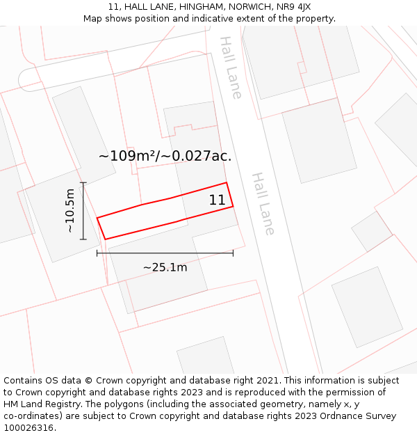 11, HALL LANE, HINGHAM, NORWICH, NR9 4JX: Plot and title map