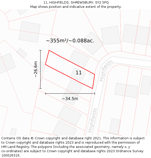 11, HIGHFIELDS, SHREWSBURY, SY2 5PQ: Plot and title map