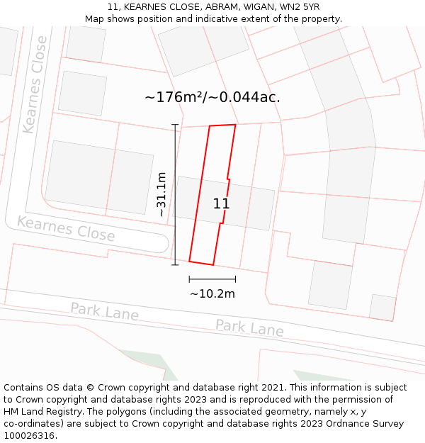 11, KEARNES CLOSE, ABRAM, WIGAN, WN2 5YR: Plot and title map