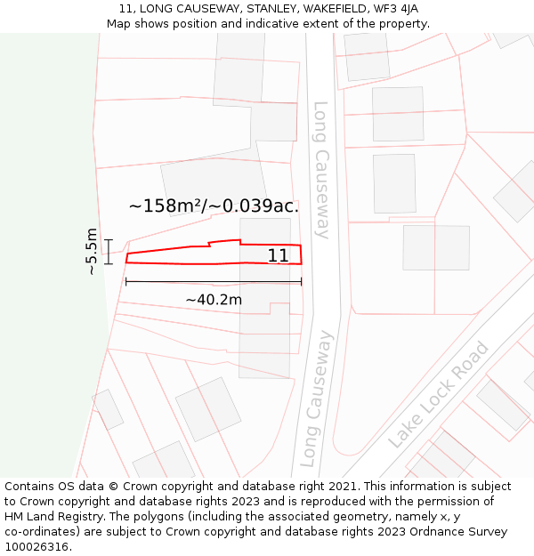 11, LONG CAUSEWAY, STANLEY, WAKEFIELD, WF3 4JA: Plot and title map