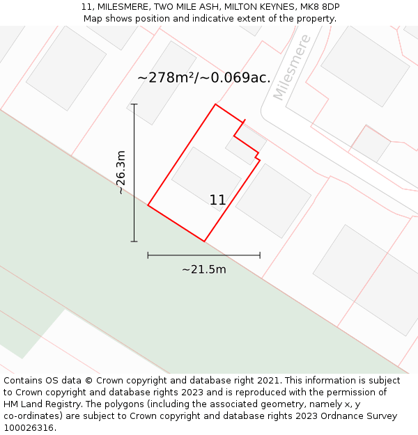 11, MILESMERE, TWO MILE ASH, MILTON KEYNES, MK8 8DP: Plot and title map