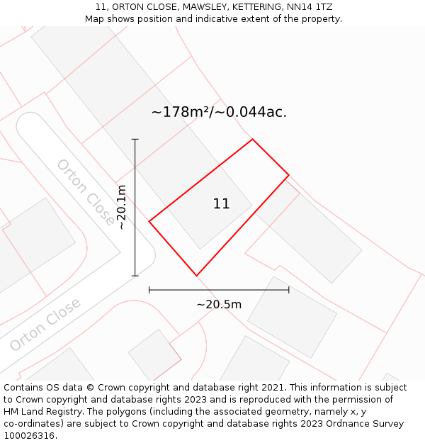 11, ORTON CLOSE, MAWSLEY, KETTERING, NN14 1TZ: Plot and title map