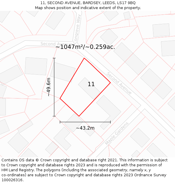 11, SECOND AVENUE, BARDSEY, LEEDS, LS17 9BQ: Plot and title map