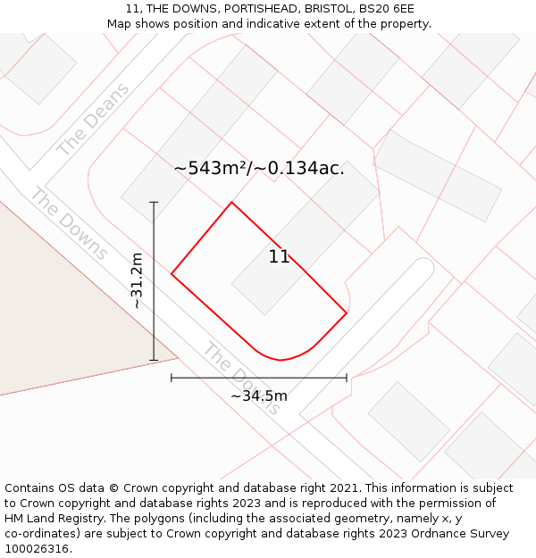 11, THE DOWNS, PORTISHEAD, BRISTOL, BS20 6EE: Plot and title map