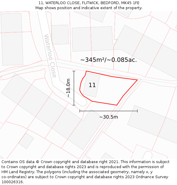 11, WATERLOO CLOSE, FLITWICK, BEDFORD, MK45 1FE: Plot and title map