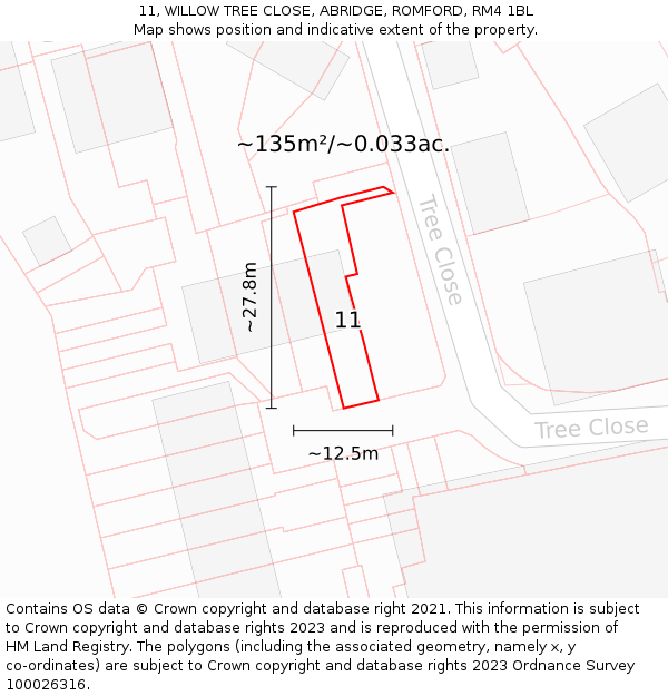 11, WILLOW TREE CLOSE, ABRIDGE, ROMFORD, RM4 1BL: Plot and title map