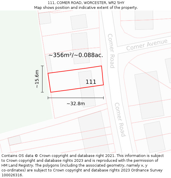 111, COMER ROAD, WORCESTER, WR2 5HY: Plot and title map