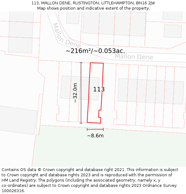 113, MALLON DENE, RUSTINGTON, LITTLEHAMPTON, BN16 2JW: Plot and title map