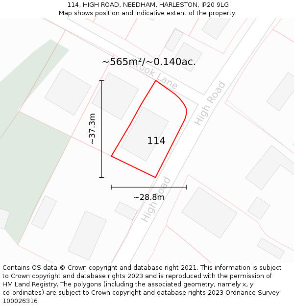 114, HIGH ROAD, NEEDHAM, HARLESTON, IP20 9LG: Plot and title map