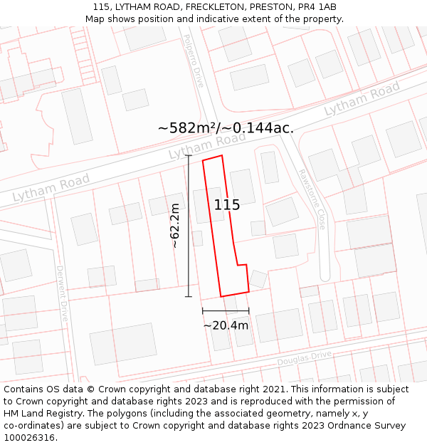 115, LYTHAM ROAD, FRECKLETON, PRESTON, PR4 1AB: Plot and title map