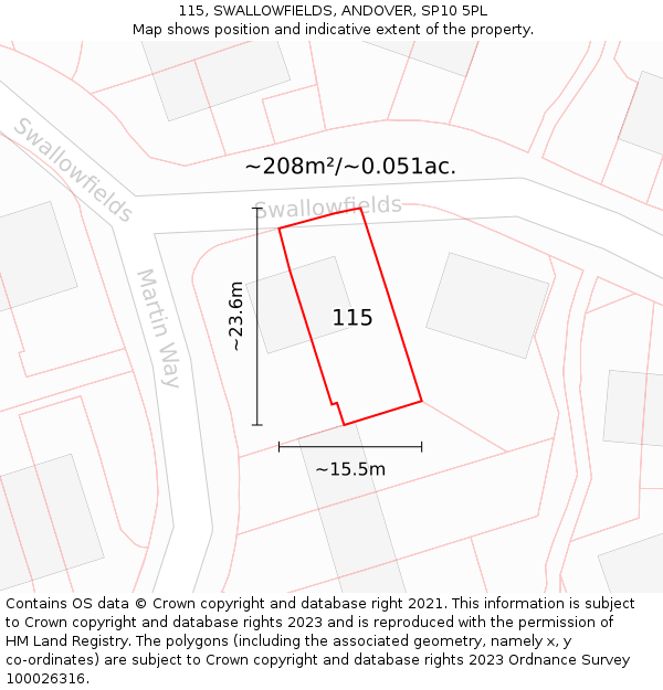 115, SWALLOWFIELDS, ANDOVER, SP10 5PL: Plot and title map