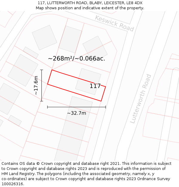 117, LUTTERWORTH ROAD, BLABY, LEICESTER, LE8 4DX: Plot and title map