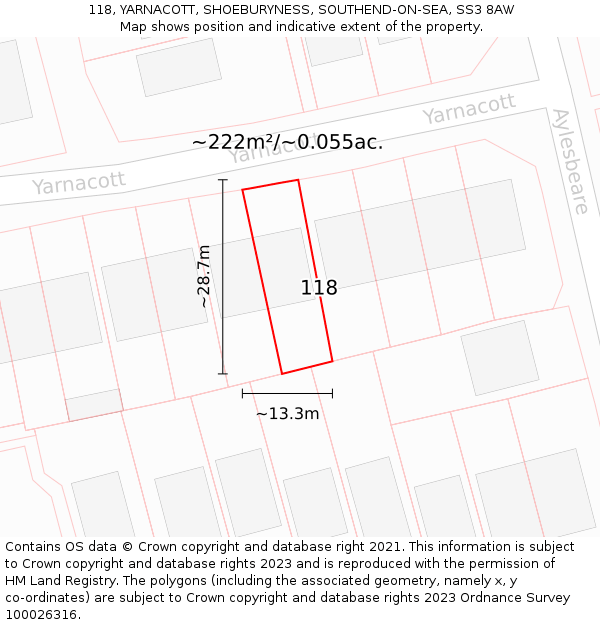 118, YARNACOTT, SHOEBURYNESS, SOUTHEND-ON-SEA, SS3 8AW: Plot and title map