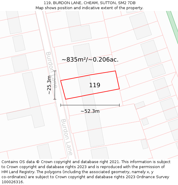 119, BURDON LANE, CHEAM, SUTTON, SM2 7DB: Plot and title map